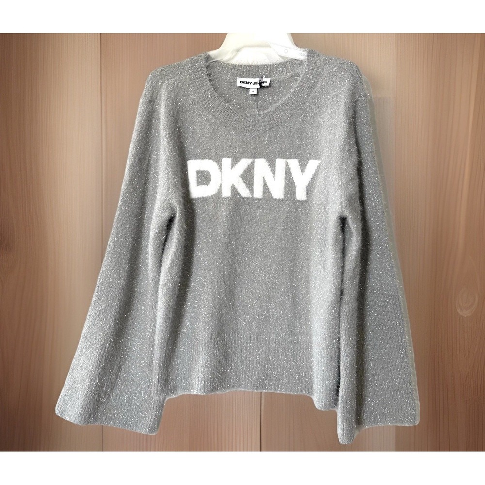 DKNY Jeans Sweater Womens Medium Silver Grey Metallic Fuzzy Soft Chic Bold Logo